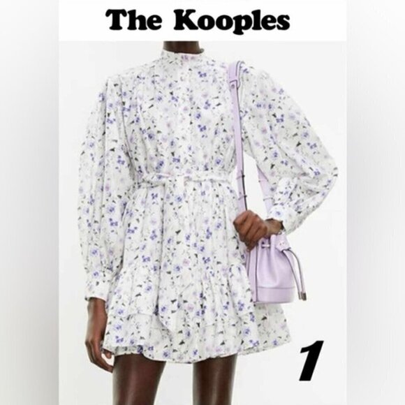 The Kooples - Short Printed Dress with Long Sleeves - Ecru/Lavender. Size:1(US). - Picture 1 of 16